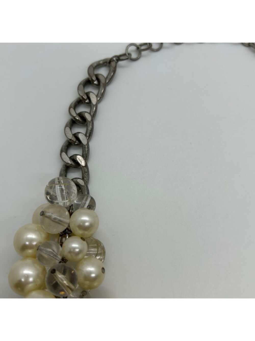 Faux Pearl & Clear Crystal Necklace Chunky Statement Bib Silver-Tone Adjustable - Picture 8 of 15